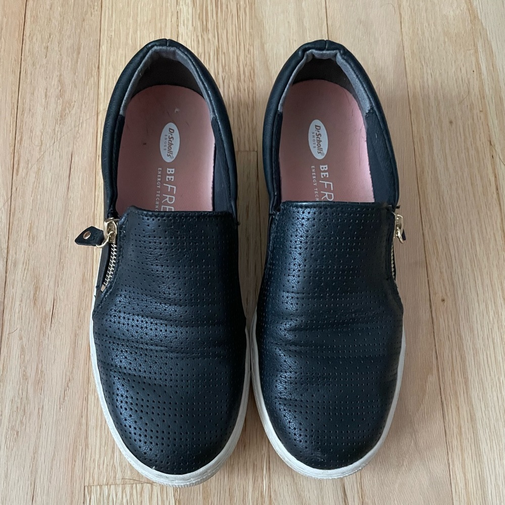 Dr. Scholls Slip On Sneakers Black Leather Gold Zipper